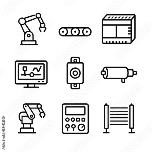 Industrial Automation Icons. Outline icon set of industrial automation: robotic arm, conveyor belt, PLC controller, SCADA screen,