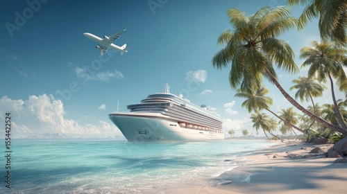 A large cruise ship is anchored near a tropical beach, with a plane flying overhead.  The scene is idyllic, showcasing clear blue waters and swaying palm trees under a sunny sky