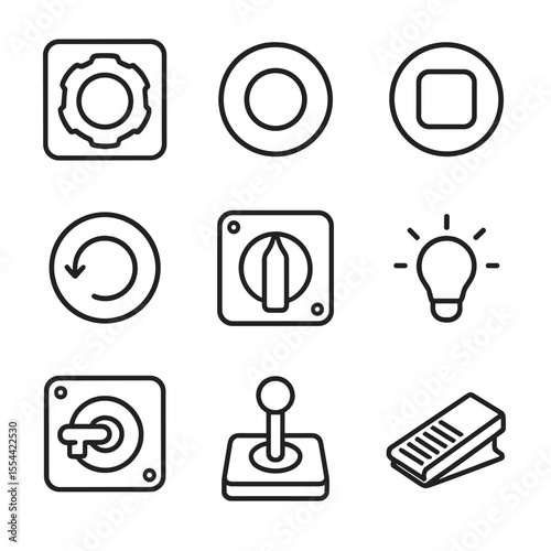 Industrial Button Icons. Outline icon set of Industrial Control Panel Buttons: emergency stop, start button, stop button, reset