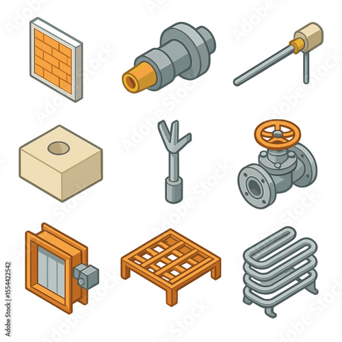 Industrial Furnace Components. Isometric Flat icon set of industrial furnace components: refractory lining panel, burner nozzle,