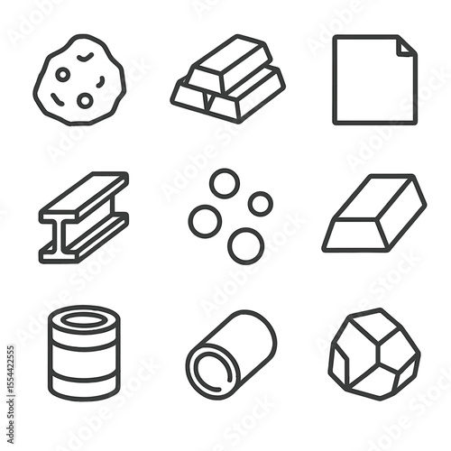 Industrial Metals Icons. Outline icon set of industrial metals: iron ore, copper ingot, aluminum sheet, steel beam, nickel pellet,