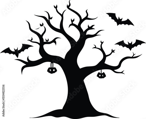 Halloween tree line art silhouette vector. Halloween tree sider hanging bats vector illustration. 