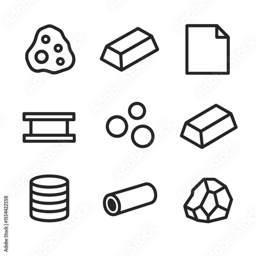 Industrial Metals Icons. Outline icon set of industrial metals: iron ore, copper ingot, aluminum sheet, steel beam, nickel pellet,