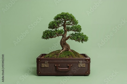 Bonsai Tree Growing from Vintage Suitcase on Green Background