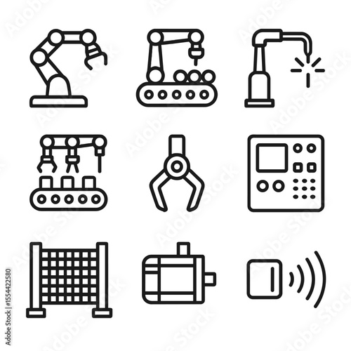 Industrial Robots Icons. Outline icon set of Industrial Robots and Automation: robotic arm, conveyor belt, welding torch, assembly