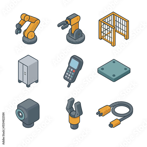 Industrial Robotics Icons. Isometric Flat icon set of industrial robotics for handling: articulated robot arm, robotic gripper,