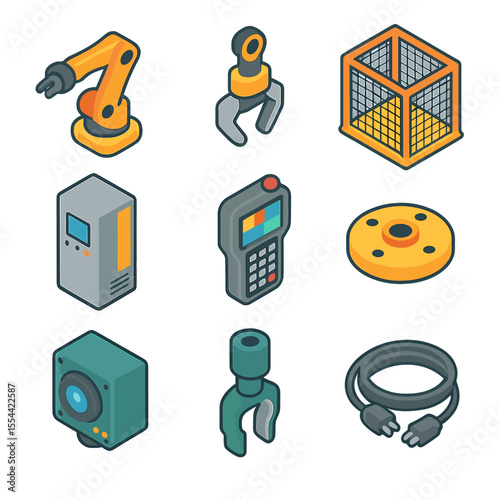 Industrial Robotics Icons. Isometric Flat icon set of industrial robotics for handling: articulated robot arm, robotic gripper,