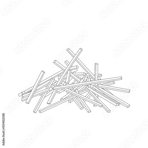 A pile of thin wooden sticks or dowels arranged in a chaotic jumble
