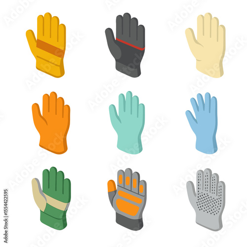 Industry-Specific Gloves Icons. Isometric Flat icon set of industry-specific gloves: construction gloves, automotive repair gloves
