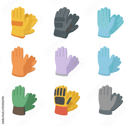 Industry-Specific Gloves Icons. Isometric Flat icon set of industry-specific gloves: construction gloves, automotive repair gloves