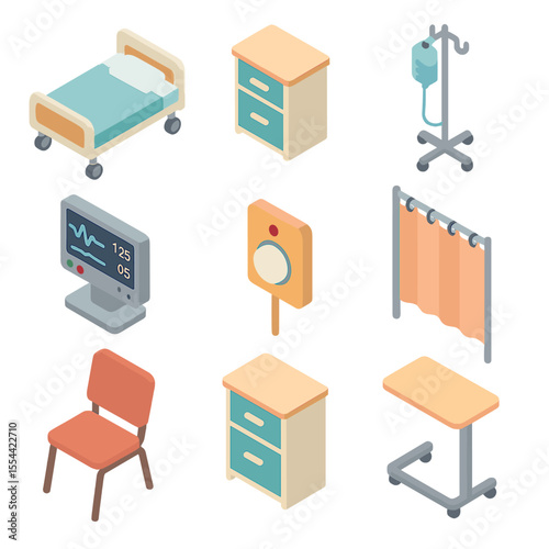 Inpatient Ward Icons. Isometric Flat icon set of inpatient ward environment: hospital bed, bedside table, IV drip stand, patient