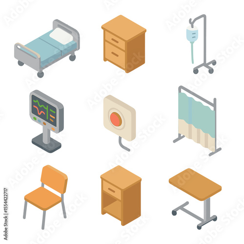 Inpatient Ward Icons. Isometric Flat icon set of inpatient ward environment: hospital bed, bedside table, IV drip stand, patient