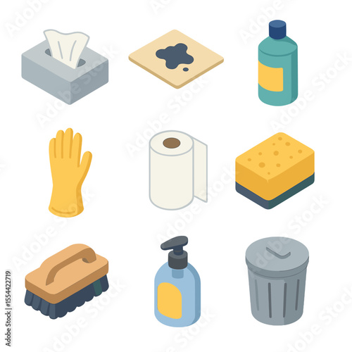 Ink Cleanup Tools. Isometric Flat icon set of ink cleanup tools: tissue paper, blotting paper, cleaning solution bottle, rubber