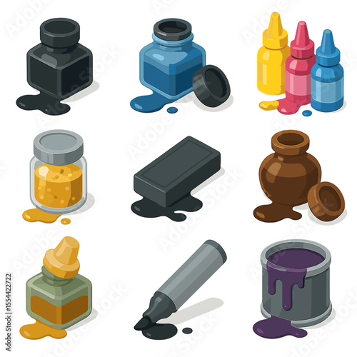 Ink Containers Icons. Isometric Flat icon set of ink containers prone to spilling: black ink bottle, blue ink bottle, colored ink