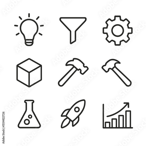 Innovation Pipeline Icons. Outline icon set of innovation pipeline: idea bulb, funnel icon, concept gear, prototype cube, funding