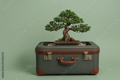 Bonsai Tree Growing from Vintage Suitcase on Green Background