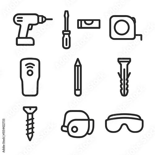 Installation Tools Icons. Outline icon set of installation tools: power drill, screwdriver, level, measuring tape, stud finder,