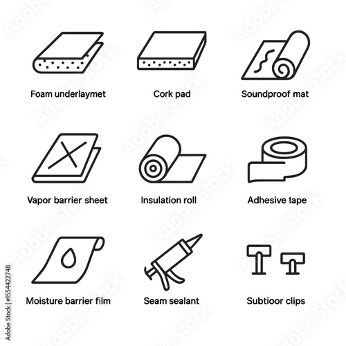 Insulation Icon Set. Outline icon set of Underlayment and Insulation: foam underlayment, cork pad, soundproof mat, vapor barrier
