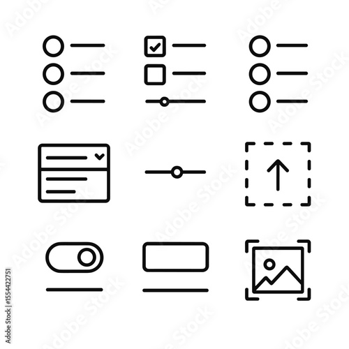 Interactive Quiz Icons. Outline icon set of interactive quiz questions: multiple choice bubble, checkbox, radio button, dropdown