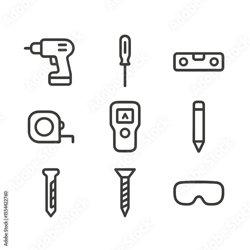 Installation Tools Icons. Outline icon set of installation tools: power drill, screwdriver, level, measuring tape, stud finder,