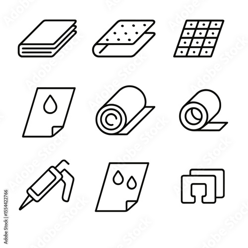 Insulation Icon Set. Outline icon set of Underlayment and Insulation: foam underlayment, cork pad, soundproof mat, vapor barrier