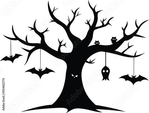 Halloween tree line art silhouette vector. Halloween tree sider hanging bats vector illustration. 