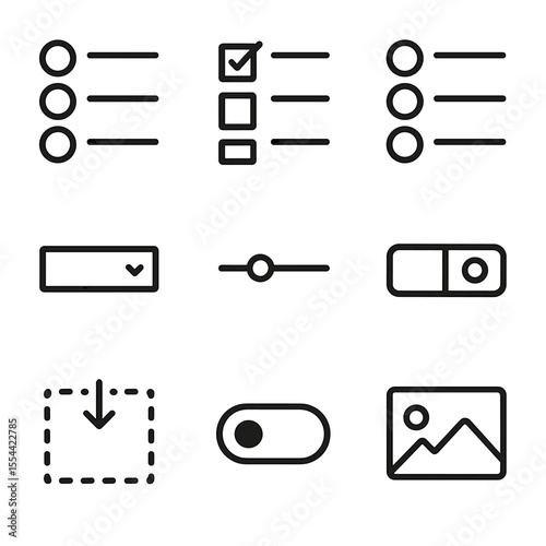 Interactive Quiz Icons. Outline icon set of interactive quiz questions: multiple choice bubble, checkbox, radio button, dropdown
