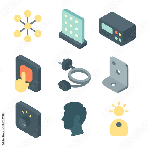 Interactive Sculpture Icons. Isometric Flat icon set of interactive light sculpture installations: LED node, acrylic panel,
