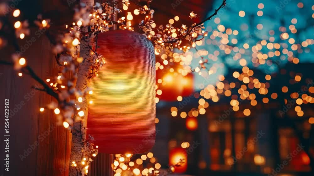 mid autumn festival concept. A glowing red paper lantern hangs among blooming branches and festive bokeh lights, evoking a warm evening celebration.