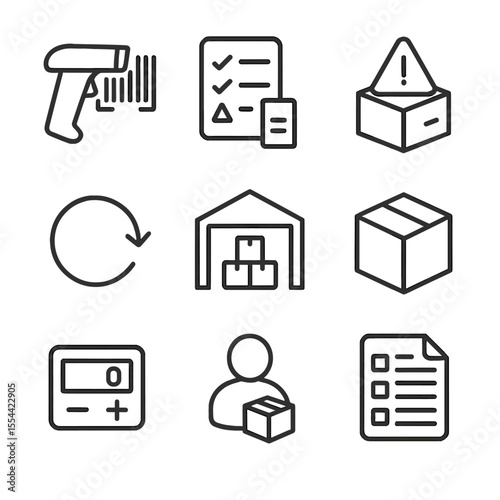 Inventory Icons Grid. Outline icon set of inventory management: barcode scanner, stock list, low stock alert, reorder button,