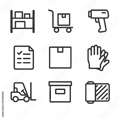 Inventory Icon Set. Outline icon set of Inventory and Backroom Operations: stock shelves, inventory cart, barcode gun, counting