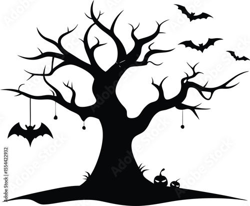 Halloween tree line art silhouette vector. Halloween tree sider hanging bats vector illustration. 