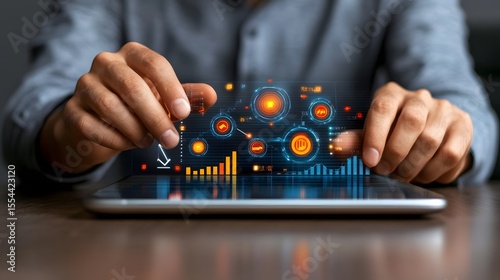 Hands interacting with a digital data analytics dashboard on a tablet