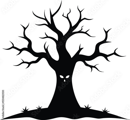 Halloween tree line art silhouette vector. Halloween tree sider hanging bats vector illustration. 