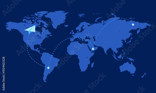 Paper plane flying across world map representing connection and freedom, global travel concept, international communication and digital mobility vector illustration