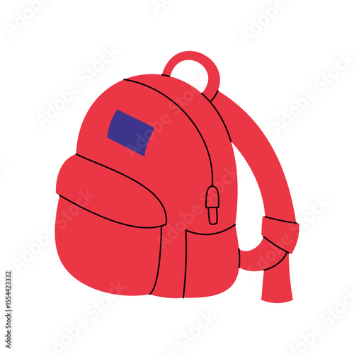 Red backpack in flat minimal style representing travel and education concept. Vector illustration of student bag.
