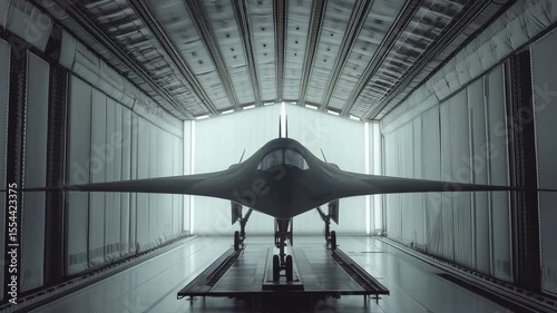 An aircraft is being tested in a modern wind tunnel, featuring advanced technology and a sleek, aerodynamic shape