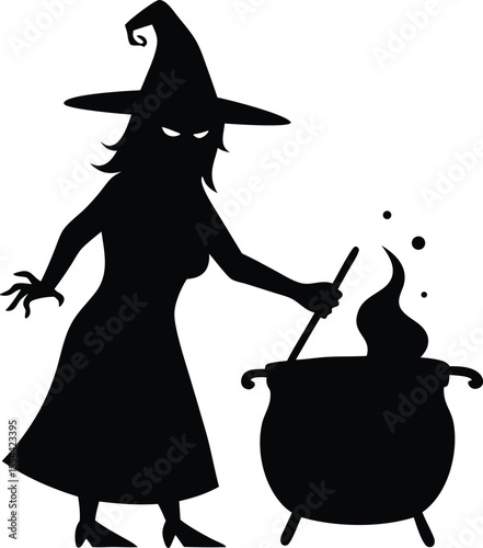 Witch cauldron silhouette, potion cooking vector illustration. Halloween Witch cooking Cauldron silhouette vector