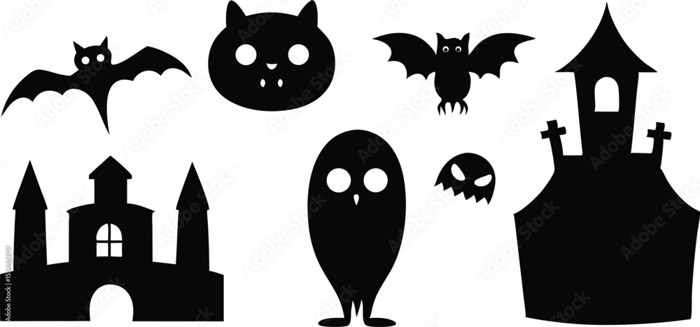 Halloween icon set, Black and white halloween vector silhouette set with spooky icons and elements