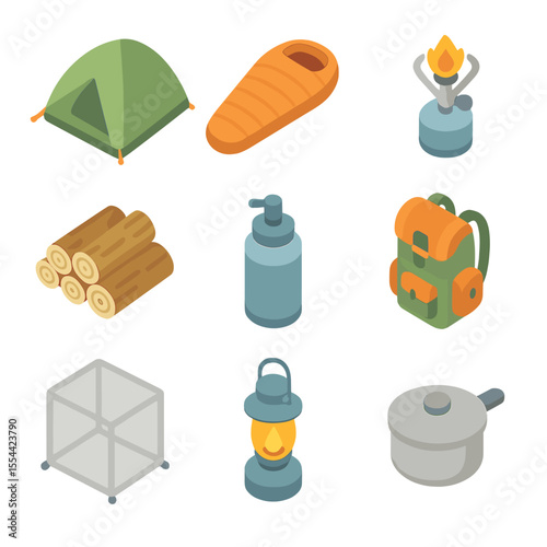 Island Camping Essentials. Isometric Flat icon set of island camping gear: tent, sleeping bag, camping stove, firewood pile, water