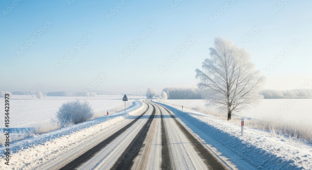 Snowy Road Through a Winter Landscape with Frosty Trees Snowy Road Through a Winter Landscape with Frosty Trees