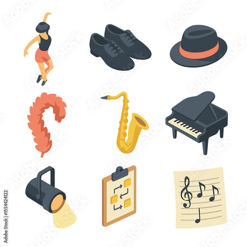 Jazz Dance Icons. Isometric Flat icon set of jazz dance ensemble: jazz dancer pose, jazz shoes, stage fedora hat, feather boa,