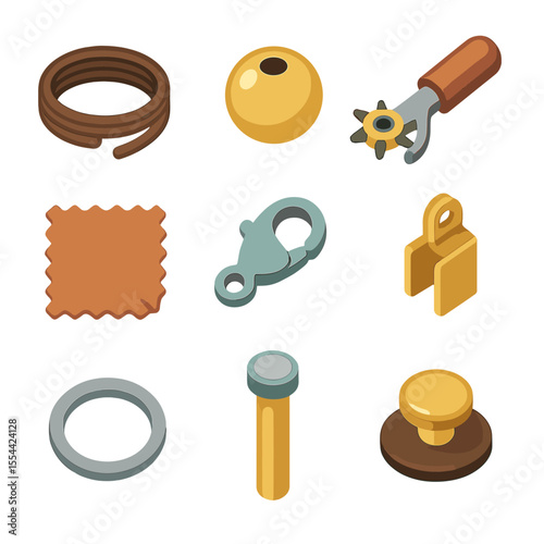 Jewelry Crafting Icons. Isometric Flat icon set of leather and fabric jewelry: leather cord, metal bead, leather punch, fabric