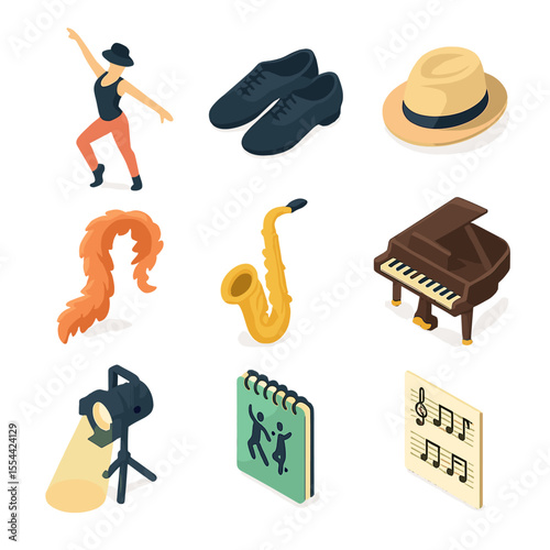 Jazz Dance Icons. Isometric Flat icon set of jazz dance ensemble: jazz dancer pose, jazz shoes, stage fedora hat, feather boa,