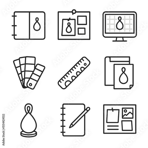 Jewelry Design Icons. Outline icon set of jewelry design process: sketchbook, inspiration board, CAD software, color swatches,