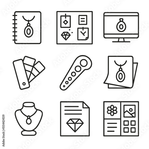Jewelry Design Icons. Outline icon set of jewelry design process: sketchbook, inspiration board, CAD software, color swatches,