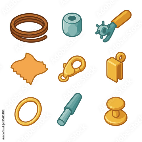 Jewelry Crafting Icons. Isometric Flat icon set of leather and fabric jewelry: leather cord, metal bead, leather punch, fabric
