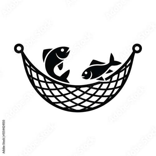 Two stylized fish caught in a black fishing net on a white background