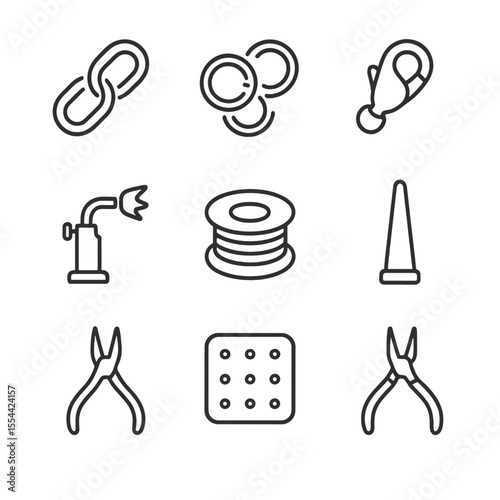 Jewelry Making Icons. Outline icon set of chain making and findings: chain links, jump rings, clasps, soldering torch, steel wire,