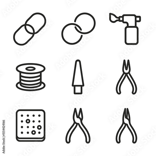 Jewelry Making Icons. Outline icon set of chain making and findings: chain links, jump rings, clasps, soldering torch, steel wire,